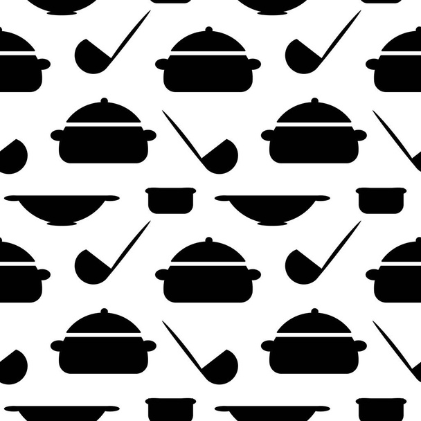 Cocinar Patrón sin costuras. Contour Cutlery Background. arte de línea. Utensilios de cocina. ollas cucharones placas, ilustración vectorial - Vector, imagen