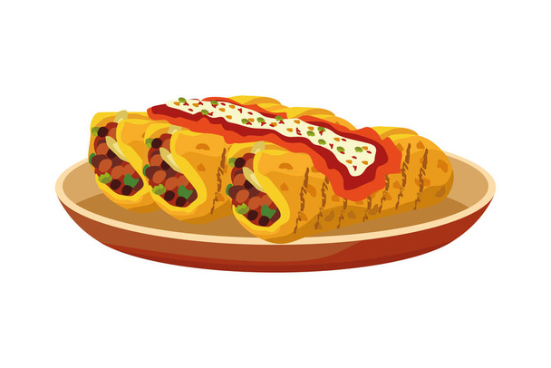 heerlijke Mexicaanse burrito 's in schotel - Vector, afbeelding