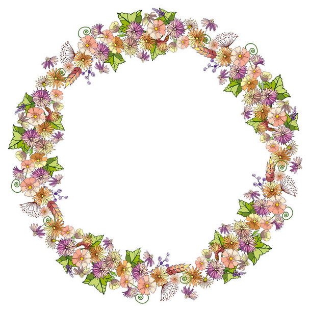 Szczegółowy wieniec konturowy z kwiatami, ziołami, liśćmi wyizolowanymi na białym - Wektor, obraz