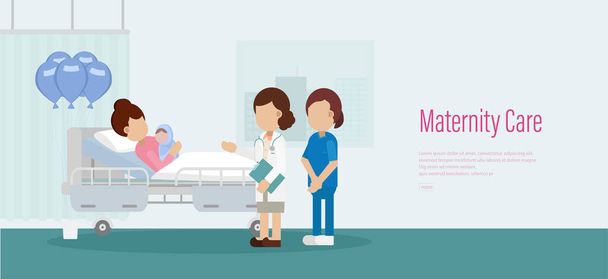 Banner de cuidados de maternidade com pediatra e enfermeira ilustração vetorial de design plano - Vetor, Imagem