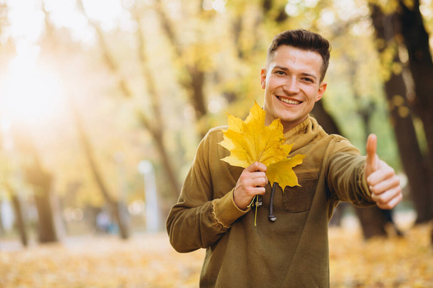 Portret przystojnego faceta uśmiechającego się i trzymającego bukiet jesiennych liści w parku - Zdjęcie, obraz