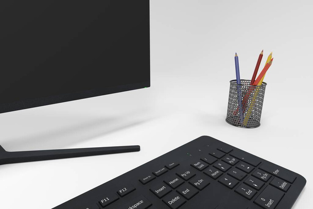 Monitor de ordenador moderno, teclado y ratón, escritorio, renderizado 3D - Foto, imagen