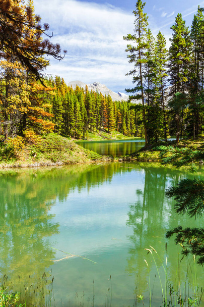 Kalliovuorilla. Kaunis kanadalainen maisema. Näkymä ihanalle Moose Lakelle ja Samson Peakille Jasperin kansallispuistossa, Albertassa, Kanadassa, Pohjois-Amerikassa  - Valokuva, kuva