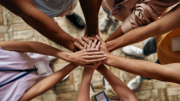 Top view of diverse young volunteers putting their hands on top of each other like a real team while standing in charitable organization office - Fotoğraf, Görsel