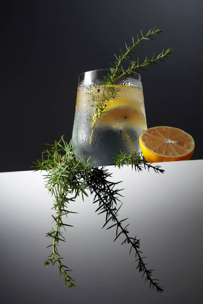 Alcohol drink (gin tonic cocktail) with lemon, juniper branch, and ice on a dark background, copy space. Iced cocktail drink with lemon.  - Fotó, kép