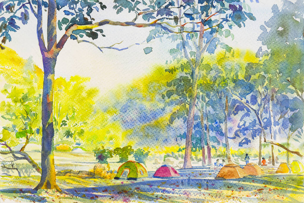 Watercolor original landscape painting colorful  mountain of Camping overnight and emotion in sky background - Photo, Image
