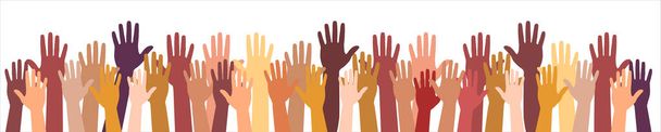 Colorido voluntários multidão mãos isoladas no fundo branco. silhuetas de mão levantadas, pessoas ilustração voto colorido. Trabalho em equipe, colaboração, votação, concerto de voluntariado. - Foto, Imagem