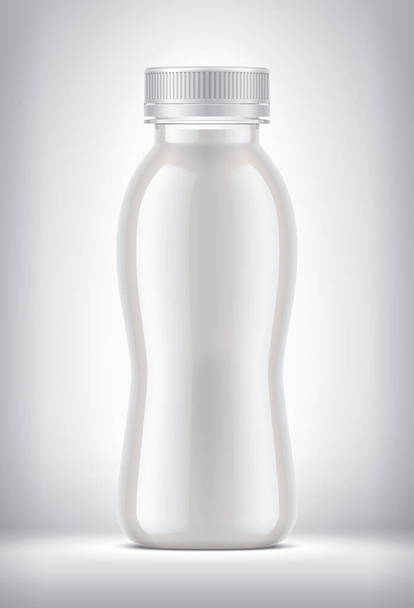 Botella de plástico sobre fondo con leche.  - Foto, imagen