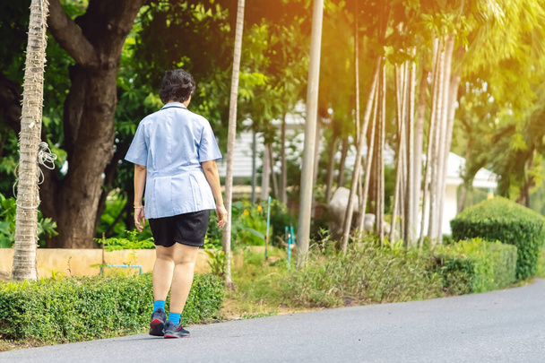Widok z tyłu Portret Azjatki w podeszłym wieku spacerującej i biegającej dla dobrego zdrowia w parku publicznym. Starszy jogger w naturze. Starsza kobieta ciesząca się spokojną naturą. Koncepcja opieki zdrowotnej - Zdjęcie, obraz