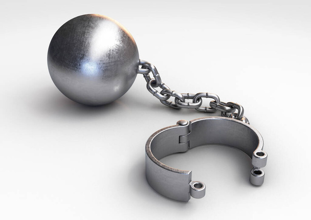 Una bola de metal pesado y una cadena con un grillete abierto sobre un fondo de estudio aislado - 3D render - Foto, imagen