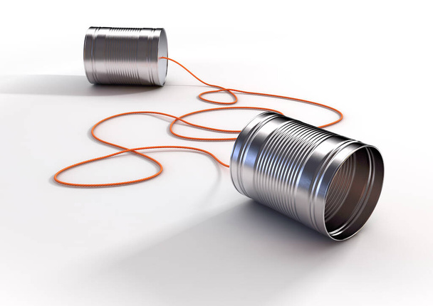 Un par de teléfonos caseros de juguete hechos de latas vacías y una cuerda conectada sobre un fondo blanco aislado - 3D render - Foto, Imagen