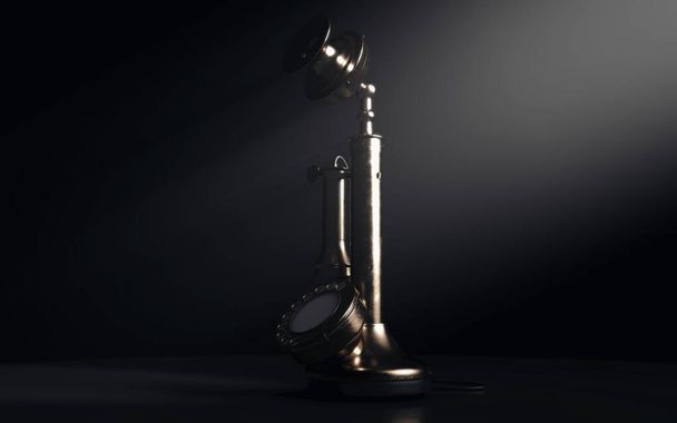 A vintage retro candlestick bell telephone made of brass on an a dark moody background dimly lit by a spotlight - 3D render - Photo, Image