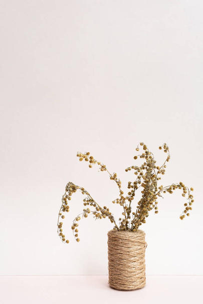 Suszone kwiaty. Pole suche kolce i zioła w wazonach na jasnoróżowym tle. Koncepcja jesieni - Zdjęcie, obraz
