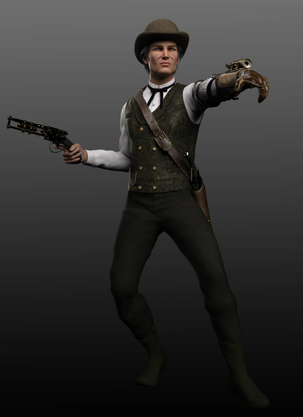 Steampunk Western Man con pistola che indossa il cappello a bombetta - Foto, immagini