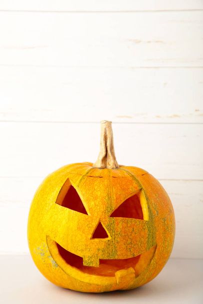Halloween Pumpkin. Scary Jack on white background. Top view - Foto, afbeelding