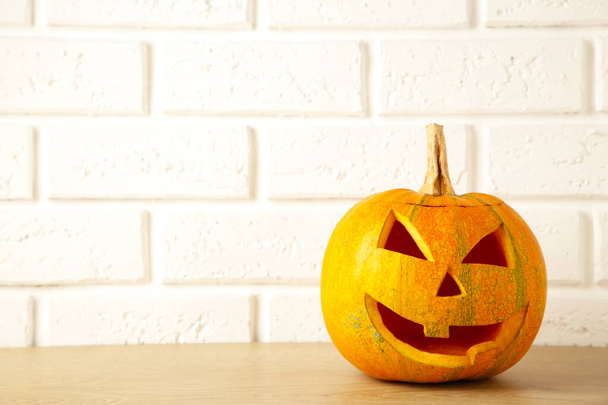 Halloween pumpkin head jack lantern on white background. Top view - Foto, afbeelding