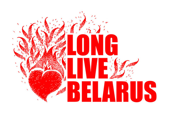 Text in english - Long live Belarus. In national flag colors, red and white. Vector illustration with fiery heart. template for banner, social media, poster, flyer, sticker. victory of democracy. - Vector, Image