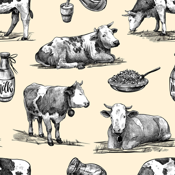 Farm cows, homemade cottage cheese, milk seamless pattern hand drawn in a graphic style. Vintage digital engraving illustration for poster, web, packaging, branding, flyer, print. Isolated on pastel - Фото, изображение
