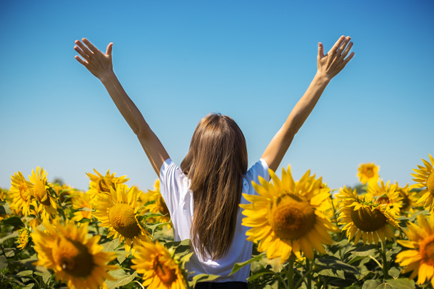 Young woman in white t-shirt with raised hands on a sunflower field on a summer sunny day. - Photo, Image