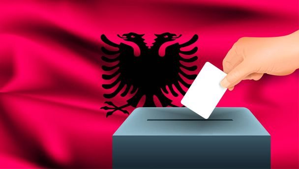 Mano masculina coloca una hoja blanca de papel con una marca como símbolo de una papeleta de votación sobre el fondo de la bandera de Albania. Albania el símbolo de las elecciones - Vector, Imagen