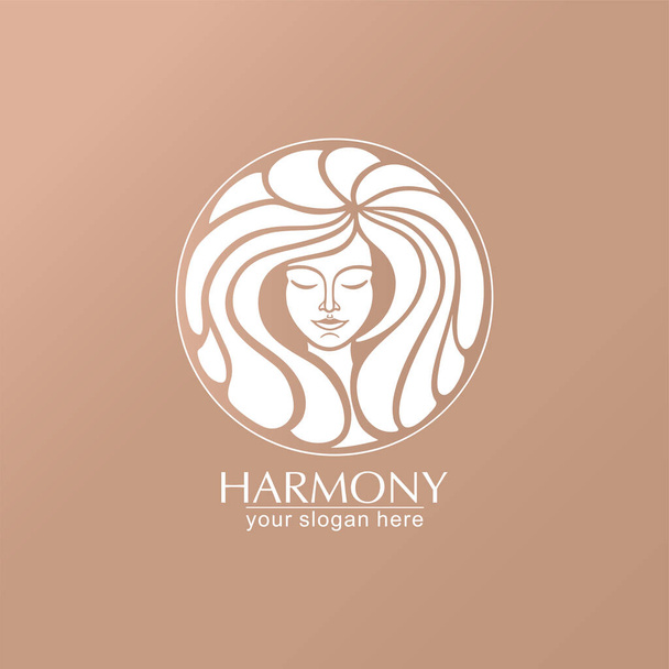 Vrouwelijk gezicht logo. Embleem voor een schoonheidssalon of yogasalon. Stijl van harmonie en schoonheid. - Vector, afbeelding