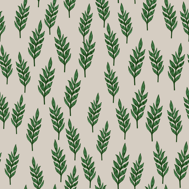 Random seamless pattern with green leaves branches ornament. Light grey background. Botanic artwork. Decorative print for wallpaper, textile, wrapping paper, fabric print. Vector illustration. - Wektor, obraz