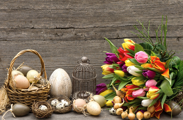 easter decoration with eggs and tulip flowers - 写真・画像