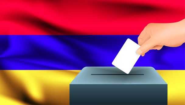 Mano masculina coloca una hoja blanca de papel con una marca como símbolo de una papeleta de votación sobre el fondo de la bandera de Armenia. Armenia el símbolo de las elecciones - Vector, Imagen