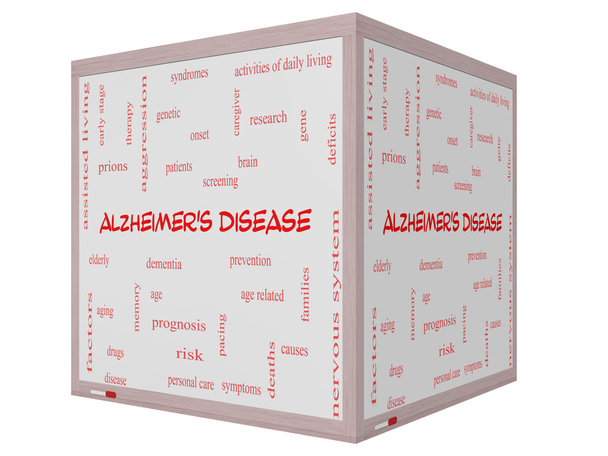 νόσο του Αλτσχάιμερ έννοια σύννεφο λέξη σε ένα 3d κύβος whiteboard - Φωτογραφία, εικόνα
