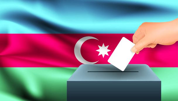 A mão masculina coloca uma folha de papel branca com uma marca como símbolo de uma cédula contra o fundo da bandeira do Azerbaijão. Azerbaijão o símbolo das eleições - Vetor, Imagem