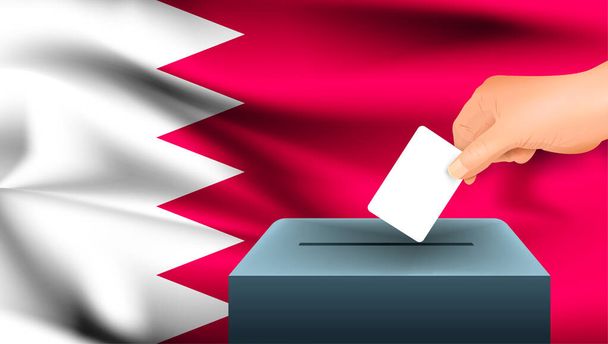 La mano masculina coloca una hoja blanca de papel con una marca como símbolo de una papeleta de votación sobre el fondo de la bandera de Bahréin. Bahréin el símbolo de las elecciones - Vector, Imagen