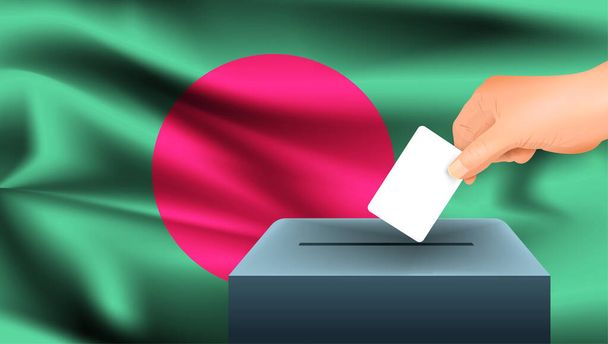 Male hand puts down a white sheet of paper with a mark as a symbol of a ballot paper against the background of the Bangladesh flag. Bangladesh the symbol of elections - Vector, Image