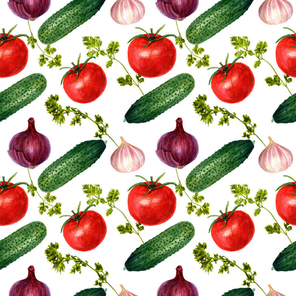 Gifts of nature: tomatoes, peppers, onions, cucumbers, parsley.Pattern watercolor images. - Photo, Image
