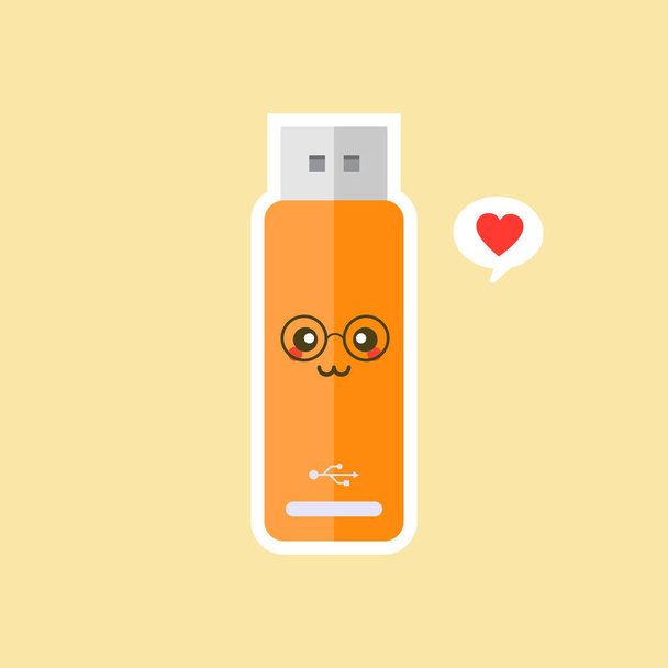 kawaii i ładny USB Flash Drive ikona izolowana na tle koloru. Ikona Memory Stick w płaskim stylu. Charakter dysku flash z ekspresją twarzy. może służyć do technologii, maskotka, element IT, strona internetowa, ikona - Wektor, obraz