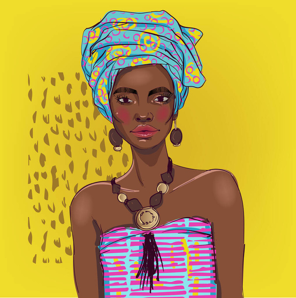 portret pięknej czarnej kobiety z naszyjnikiem - Wektor, obraz