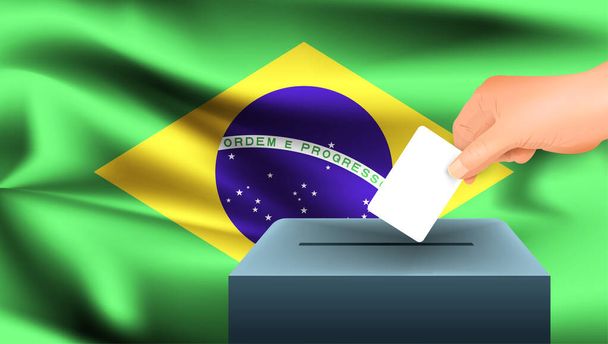 Mužská ruka odloží bílý list papíru se značkou jako symbol hlasovacího lístku na pozadí brazilské vlajky. Brazílie symbolem voleb - Vektor, obrázek