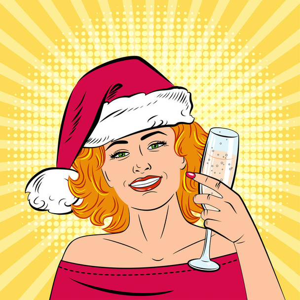 Piękna młoda kobieta, w kapeluszu Świętego Mikołaja, trzyma w ręku kieliszek szampana. Rysunek w stylu pop art. Dziewczyna się uśmiecha. Retro. - Wektor, obraz