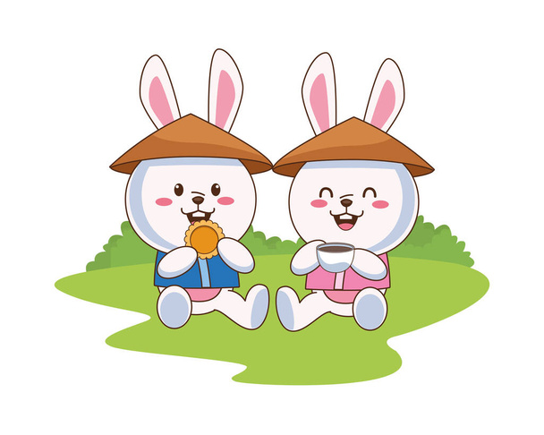 cute mid autumn rabbits couple with chinese hats eating cookie and drinking tea - Vector, Image