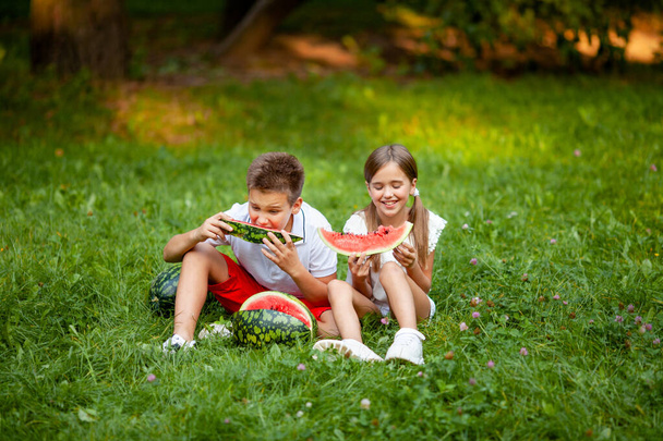 ragazzo e ragazza sedersi sull'erba e mangiare succosa anguria - Foto, immagini