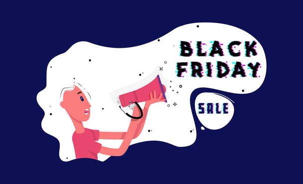 Black-Friday-Verkauf. Flaches Charaktermädchen, das ein Megafon in der Hand hält und hineinruft, um alle über den Verkauf zu informieren - Vektor, Bild