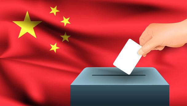 Мужская рука кладет белый лист бумаги с отметкой в качестве символа избирательного бюллетеня на фоне китайского флага. Китай - символ выборов - Вектор,изображение