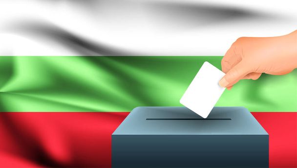 Mano masculina coloca una hoja blanca de papel con una marca como símbolo de una papeleta de votación sobre el fondo de la bandera de Bulgaria. Bulgaria el símbolo de las elecciones - Vector, Imagen