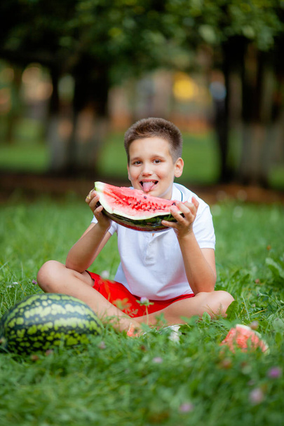 chlapec v bílém tričku jíst meloun na trávě v parku - Fotografie, Obrázek