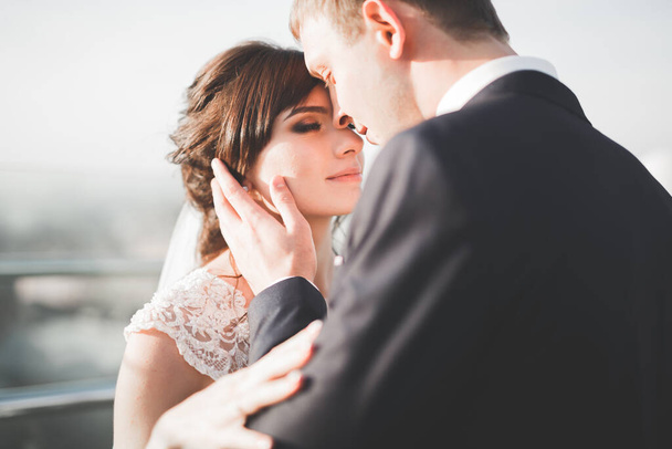 Stylish beautiful wedding couple kissing and hugging on background panoramic view of the old town - Foto, immagini