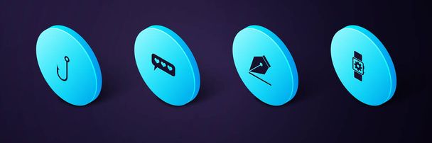 Set Isometric Smartwatch setting, Fountain pen nib, Like and heart and Fishing hook icon. Vector. - Vector, Image