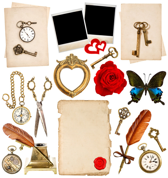 Antique clock, key, photo frame, feather pen, butterfly - Fotoğraf, Görsel