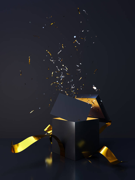 Czarne pudełko ze złotym łukiem otwiera się eksplozją konfetti, aby ujawnić pustą kartę. Ciemny i ekskluzywny wygląd - Zdjęcie, obraz