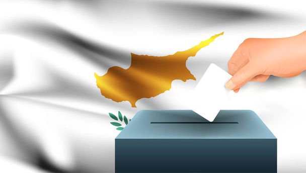 男性の手は、キプロスの旗の背景に投票用紙のシンボルとしてのマークと紙の白いシートを置きます。キプロス選挙のシンボル - ベクター画像