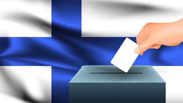 La mano masculina coloca una hoja de papel blanca con una marca como símbolo de una papeleta de votación sobre el fondo de la bandera de Finlandia. Finlandia el símbolo de las elecciones - Vector, Imagen