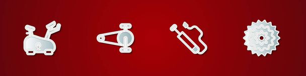 Set Stationary bicycle, Bicycle chain with gear, air pump and cassette icon. Vector. - Vector, Image